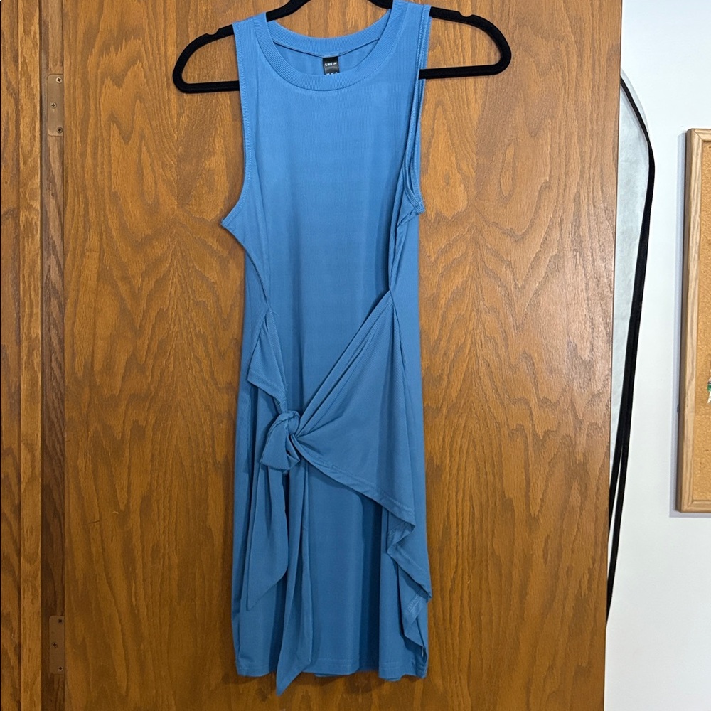 Blue Ribbed Fabric Mini Dress with Wrap Tie Waist — NWOT